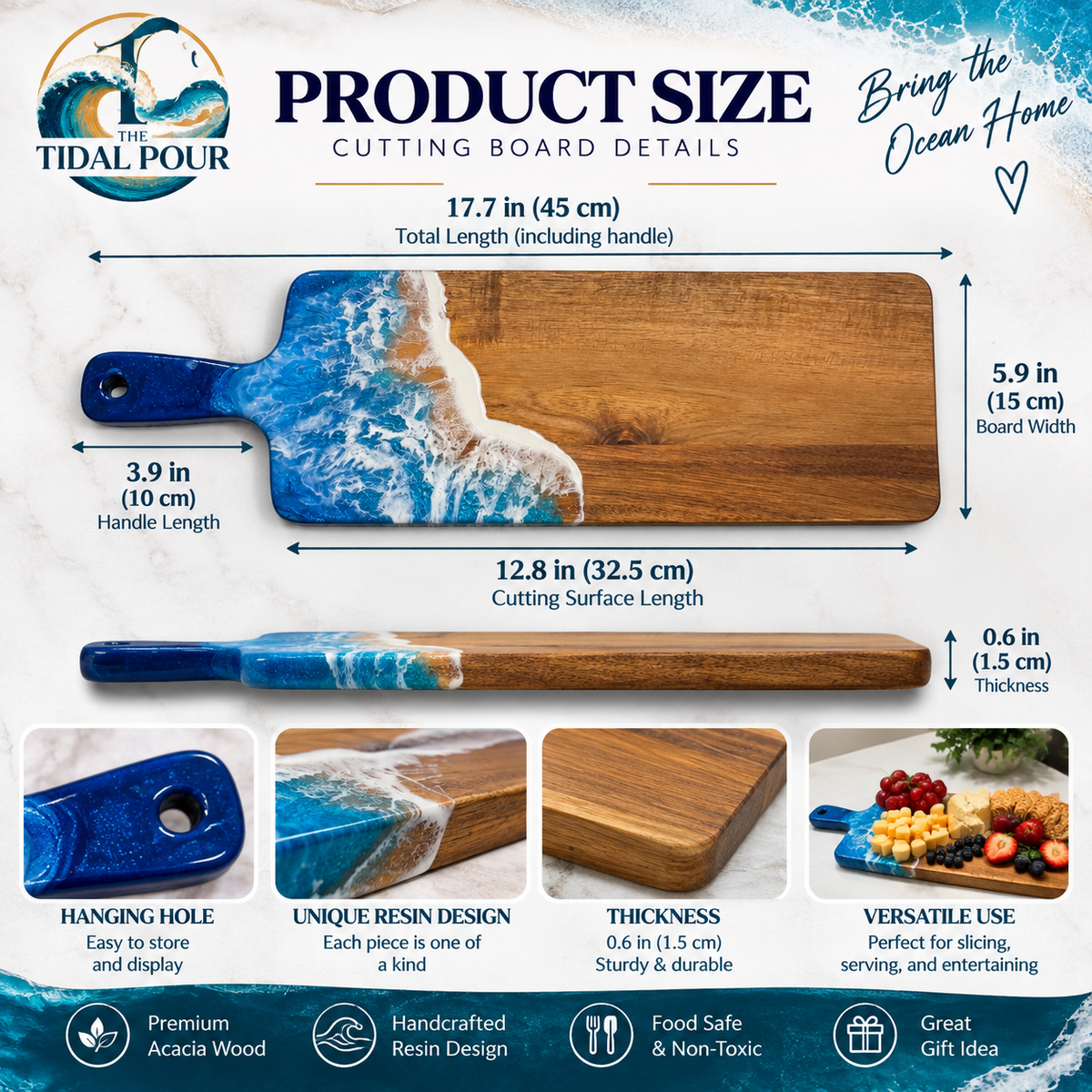 Ocean Resin Acacia Charcuterie & Serving Board - 17.7" x 5.9"
